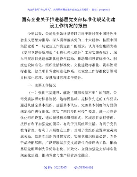 国企公司推进基层党支部标准化规范化建设工作情况报告
