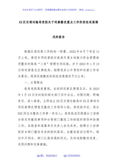 XX区交通运输局党组关于巡察整改重点工作阶段性进展情况的报告