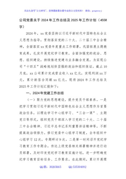 国企党委2024年工作总结及2025年工作计划（4558字）