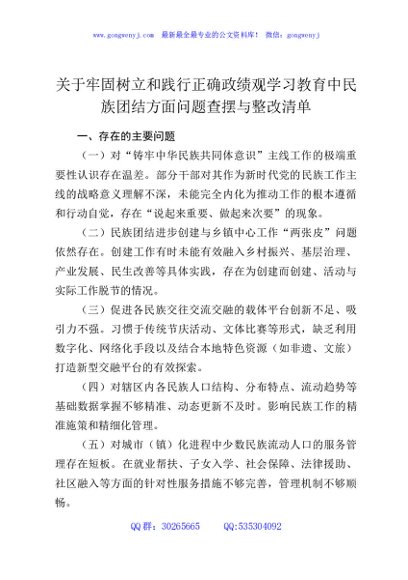 关于牢固树立和践行正确政绩观学习教育中民族团结方面问题查摆与整改清单