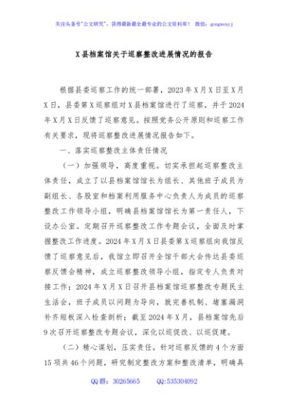 X县档案馆关于巡察整改进展情况的报告
