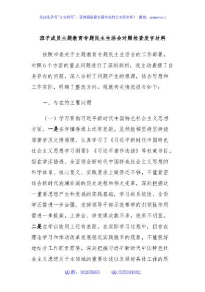 班子成员主题教育专题民主生活会对照检查发言材料