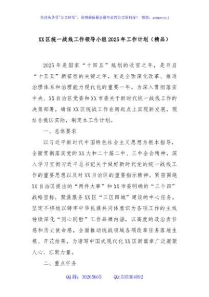 XX区统一战线工作领导小组2025年工作计划（精品）