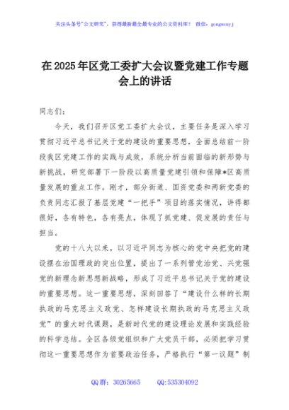 在2025年区党工委扩大会议暨党建工作专题会上的讲话