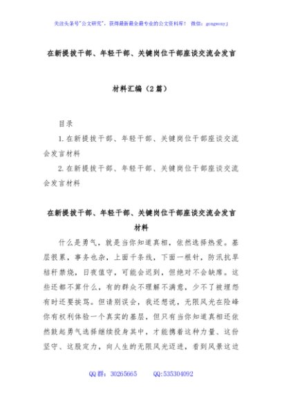 (2篇)在新提拔干部、年轻干部、关键岗位干部座谈交流会发言材料汇编
