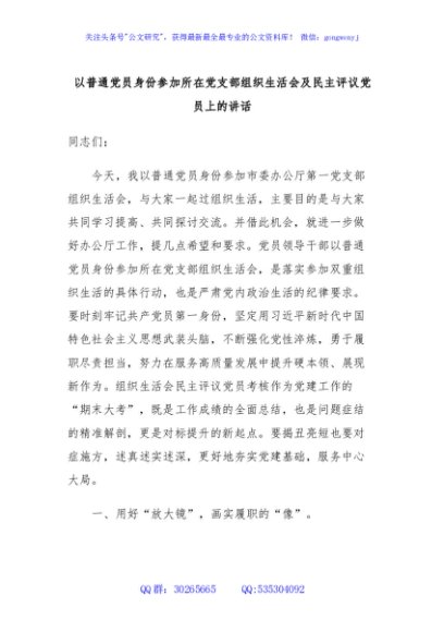 以普通党员身份参加所在党支部组织生活会及民主评议党员上的讲话