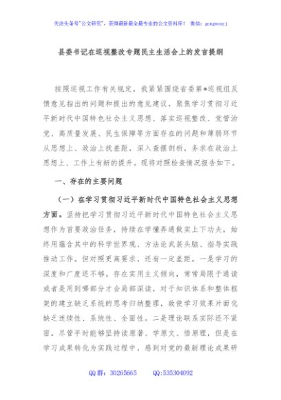 县委书记在巡视整改专题民主生活会上的发言提纲
