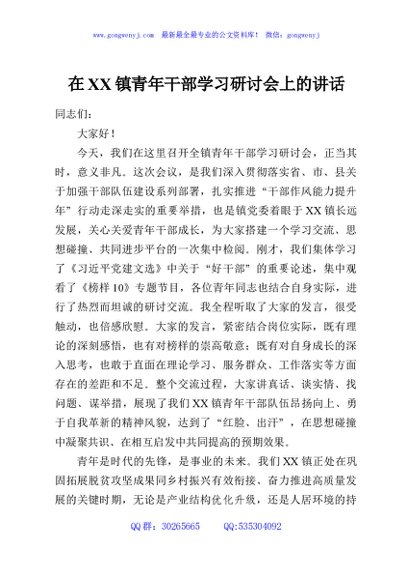 在XX镇青年干部学习研讨会上的讲话