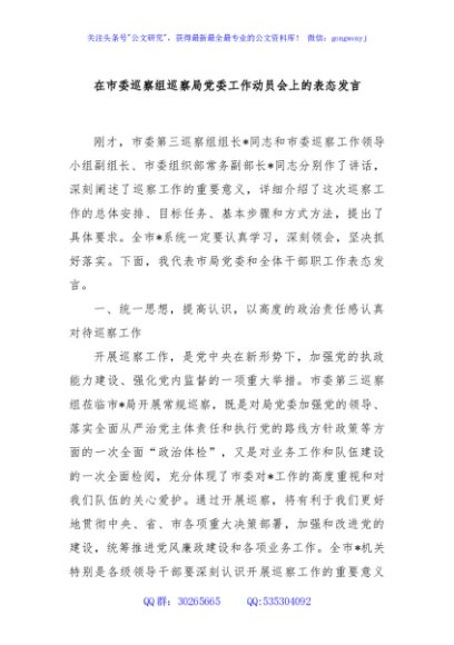 在市委巡察组巡察局党委工作动员会上的表态发言