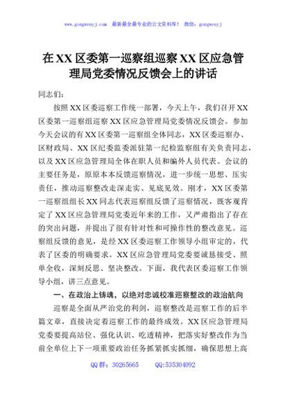 在XX区委第一巡察组巡察XX区应急管理局党委情况反馈会上的讲话