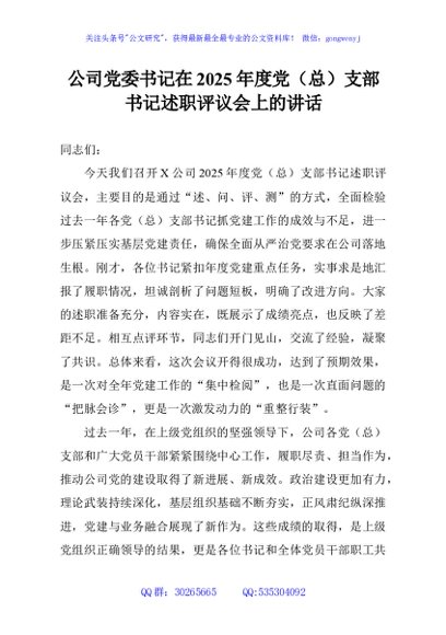 公司党委书记在2025年度党（总）支部书记述职评议会上的讲话