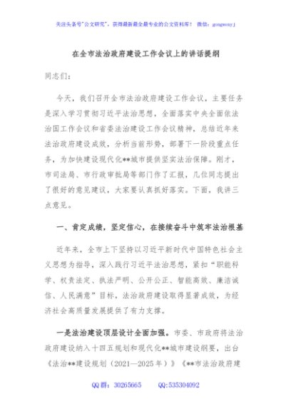 在全市法治政府建设工作会议上的讲话提纲