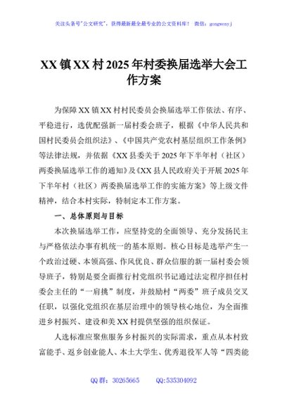 XX镇XX村2025年村委换届选举大会工作方案