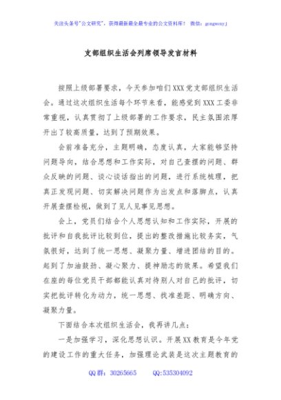 支部组织生活会列席领导发言材料