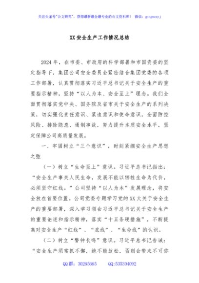 XX安全生产工作情况总结
