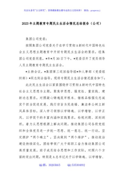 2023年主题教育专题民主生活会情况总结报告（公司）
