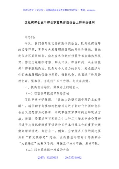 区组织部长在干部任职前集体谈话会上的讲话提纲