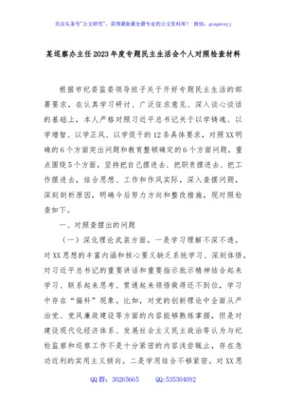 某巡察办主任2023年度主题教育专题民主生活会个人对照检查材料