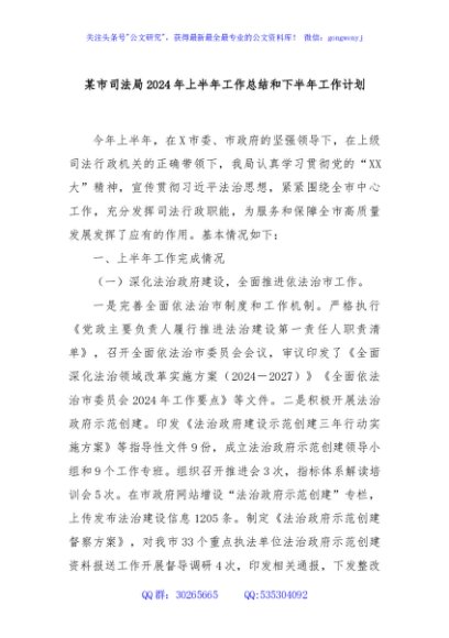 某市司法局2024年上半年工作总结和下半年工作计划