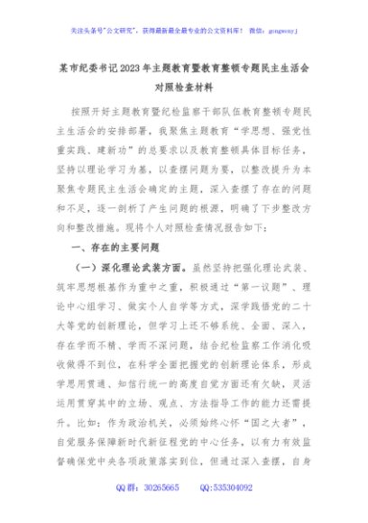 某市纪委书记2023年主题教育暨教育整顿专题民主生活会对照检查材料