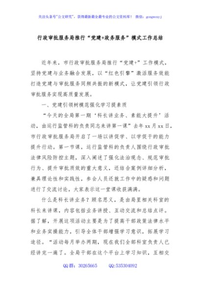 行政审批服务局推行“党建+政务服务”模式工作总结