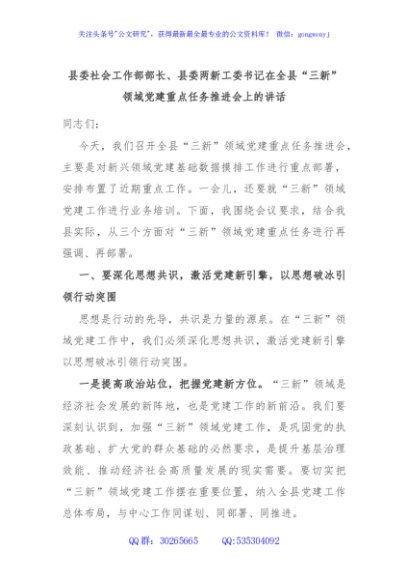 县委社会工作部部长、县委两新工委书记在全县“三新”领域党建重点任务推进会上的讲话