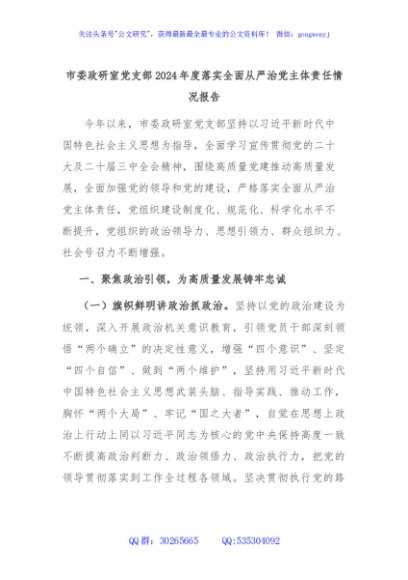 市委政研室党支部2024年度落实全面从严治党主体责任情况报告