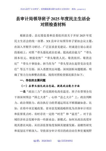 县审计局领导班子2025年度民主生活会对照检查材料