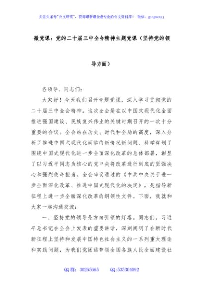 微党课：党的二十届三中全会精神主题党课（坚持党的领导方面）