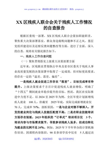 XX区残疾人联合会关于残疾人工作情况的自查报告
