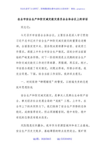 在全市安全生产和防灾减灾救灾委员会全体会议上的讲话