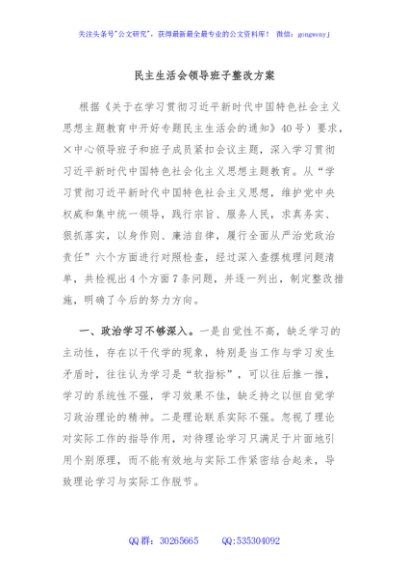 民主生活会领导班子整改方案