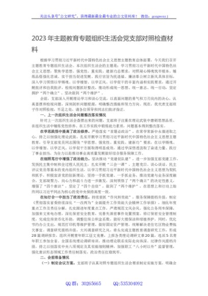 2023年主题教育专题组织生活会党支部对照检查材料