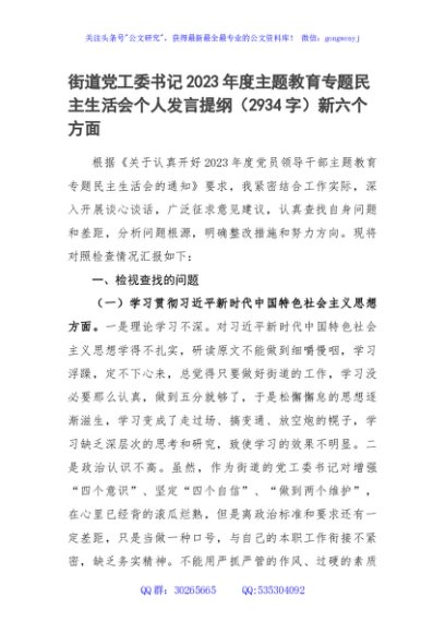 街道书记2023年主题教育民主生活会个人对照检查材料（践行宗旨等6个方面）