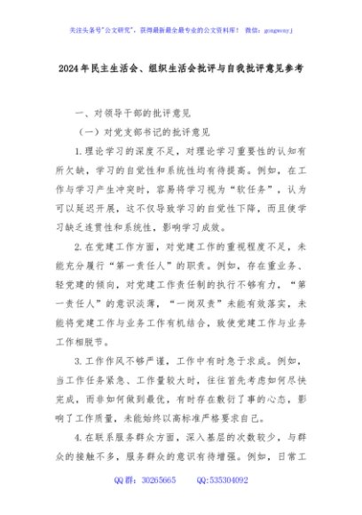 2024年民主生活会、组织生活会批评与自我批评意见参考