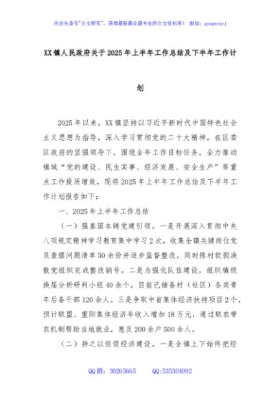 XX镇人民政府关于2025年上半年工作总结及下半年工作计划