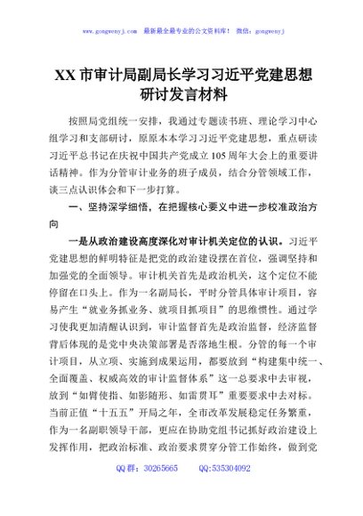 XX市审计局副局长学习习近平党建思想研讨发言材料