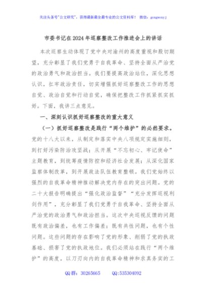 市委书记在2024年巡察整改工作推进会上的讲话