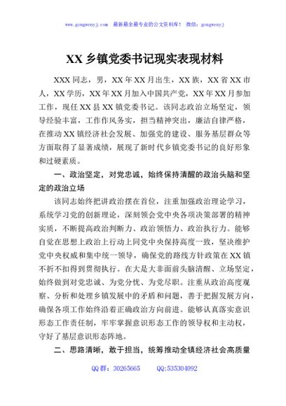 XX乡镇党委书记现实表现材料