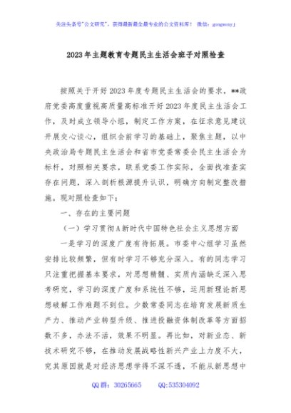 2023年主题教育专题民主生活会班子对照检查