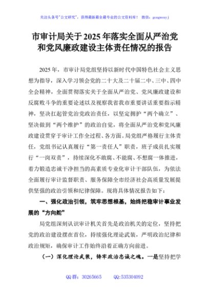 市审计局关于2025年落实全面从严治党和党风廉政建设主体责任情况的报告