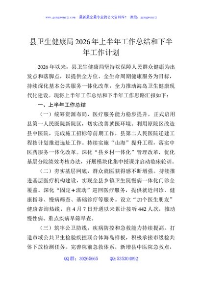 县卫生健康局2026年上半年工作总结和下半年工作计划