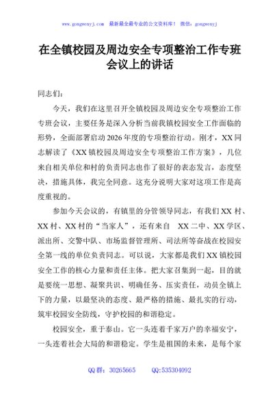 在全镇校园及周边安全专项整治工作专班会议上的讲话