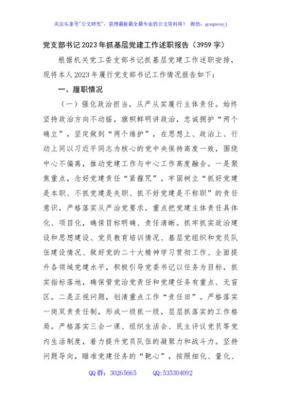 党支部书记2023年抓基层党建工作述职报告