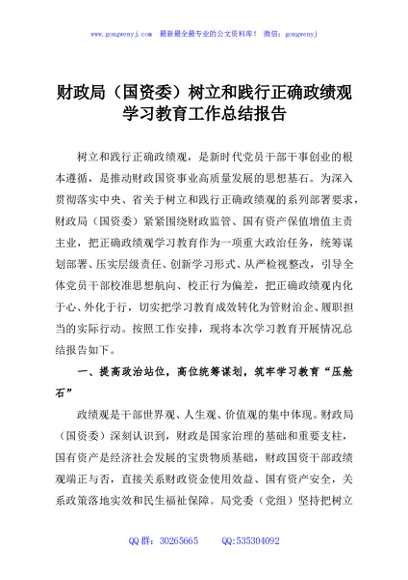 财政局（国资委）树立和践行正确政绩观学习教育工作总结报告