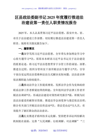 区县政法委副书记2025年度履行推进法治建设第一责任人职责情况报告