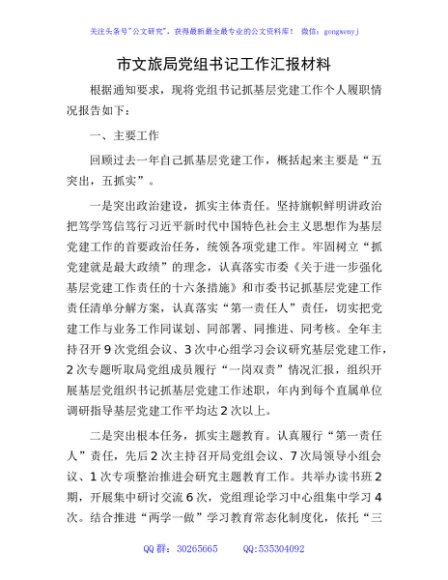市文旅系统书记抓党建工作履职情况报告2100字