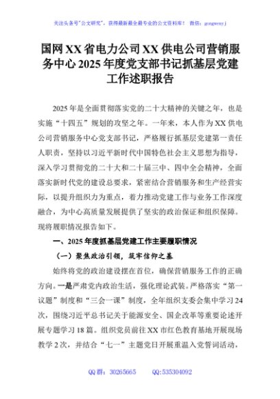 国网XX省电力公司XX供电公司营销服务中心2025年度党支部书记抓基层党建工作述职报告
