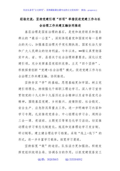经验交流：坚持党建引领“四项”举措促进党建工作与社会治理工作共建互融协同推进