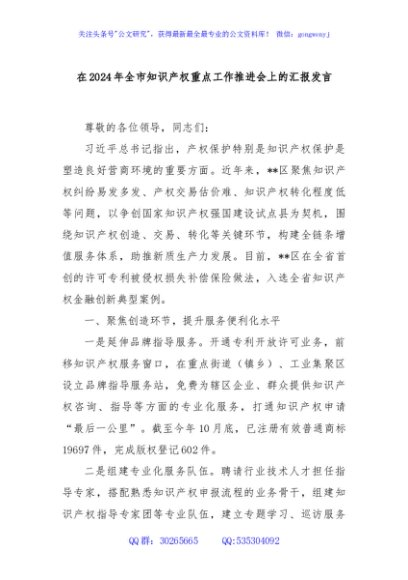 在2024年全市知识产权重点工作推进会上的汇报发言